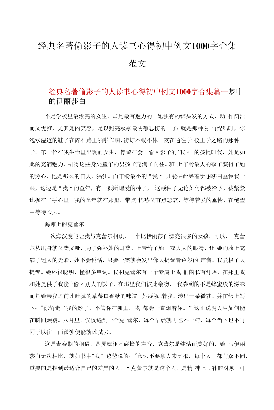 经典名著偷影子的人读书心得初中例文1000字合集范文.docx_第1页