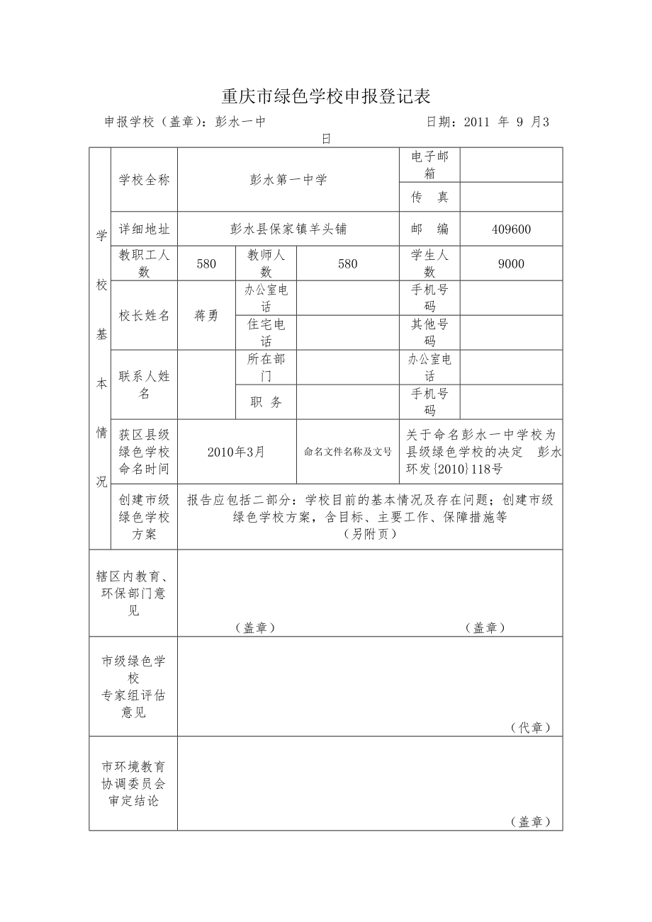 十 彭水第一中学校绿色校园县级申报表.docx_第1页