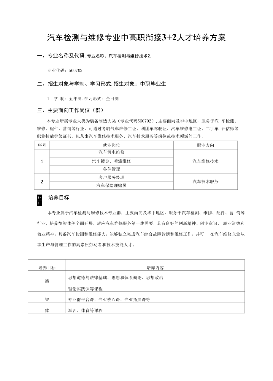 汽车检测与维修专业中高职衔接3+2人才培养方案（高职）.docx_第1页