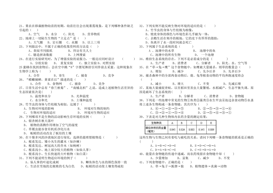 七年级生物上册第一单元生物与生物圈综合测试题.doc_第2页