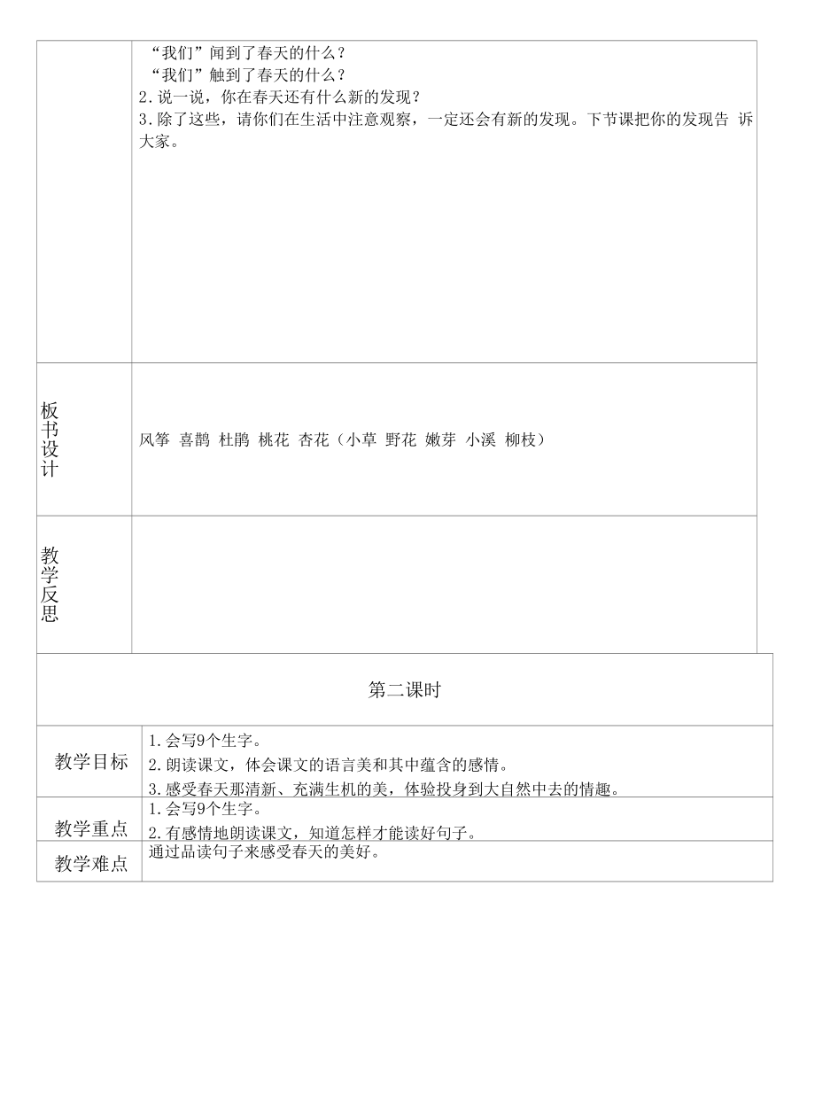 表格版部编版二年级语文下册2、《找春天》教学设计（两课时）.docx_第2页