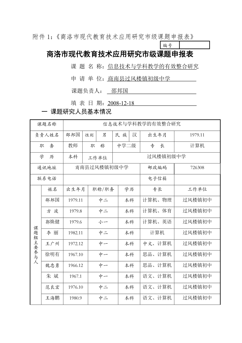 商洛市现代教育技术应用研究市级课题申报表.docx_第1页