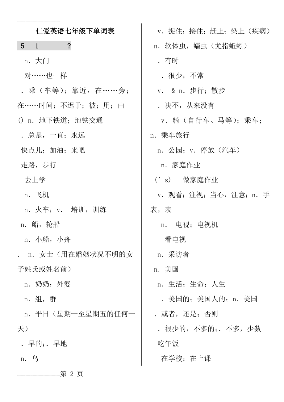 仁爱英语七年级下册单词表(中英文)(16页).doc_第2页