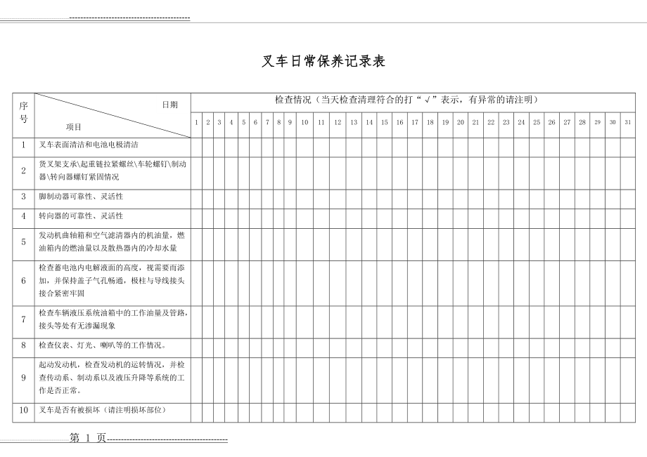 叉车日常保养记录表(4页).doc_第1页