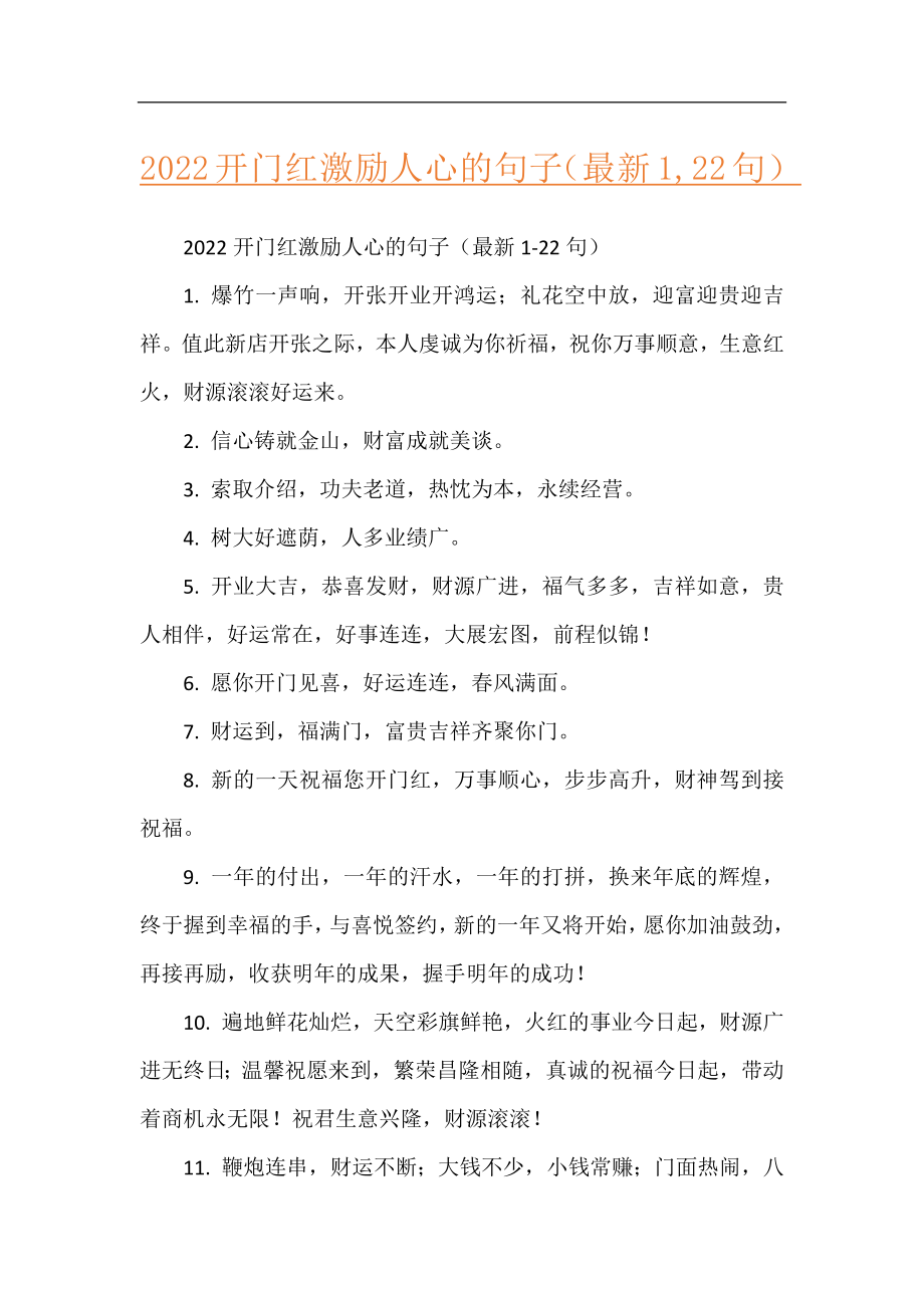 2022开门红激励人心的句子（最新1,22句）.docx_第1页