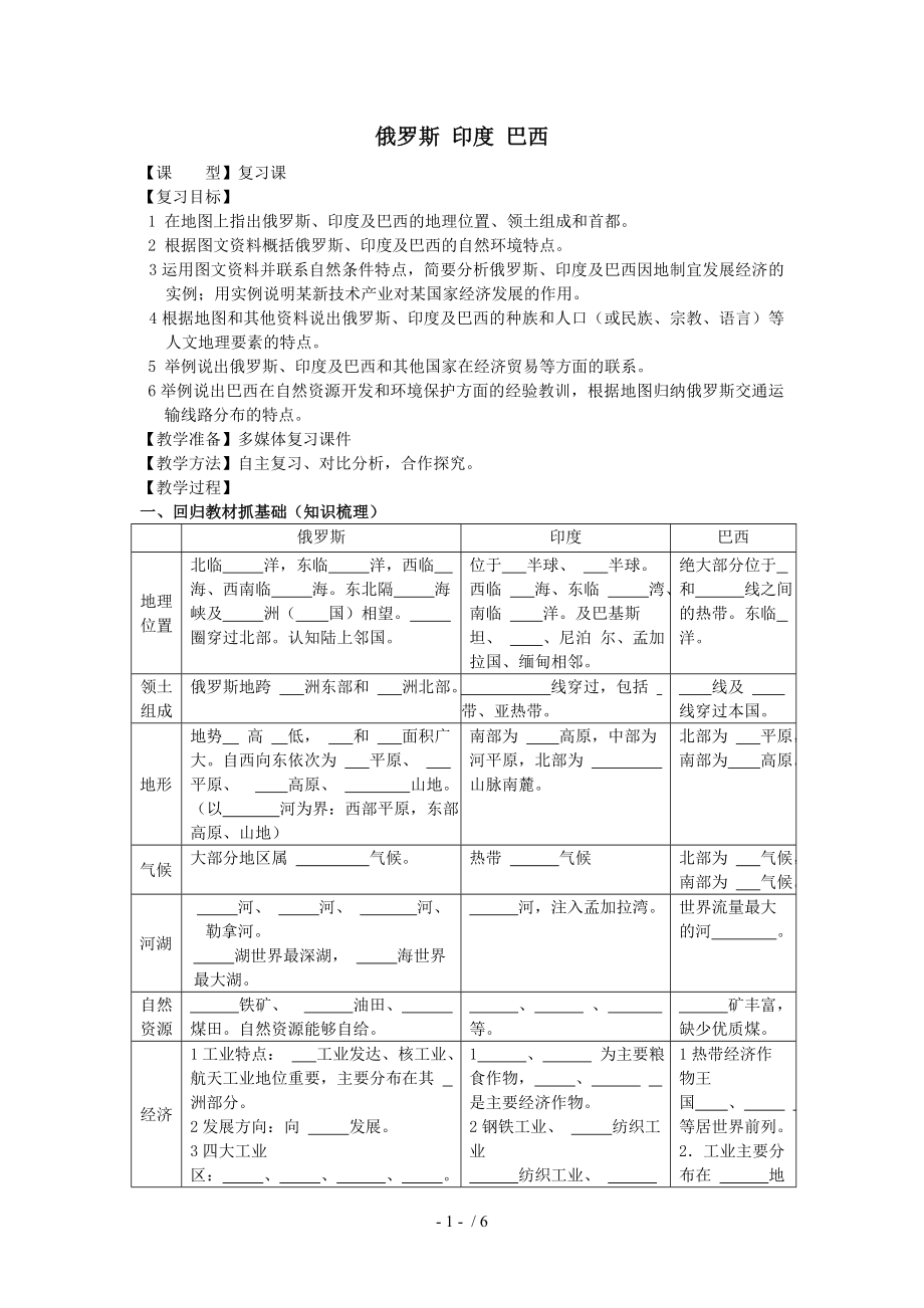 七年级地理下册第八章俄罗斯印度巴西复习教学案商务星球版.doc_第1页