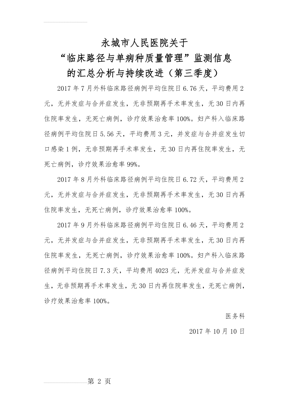 临床路径与单病种质量管理监测信息的汇总分析与持续改进3季度(2页).doc_第2页