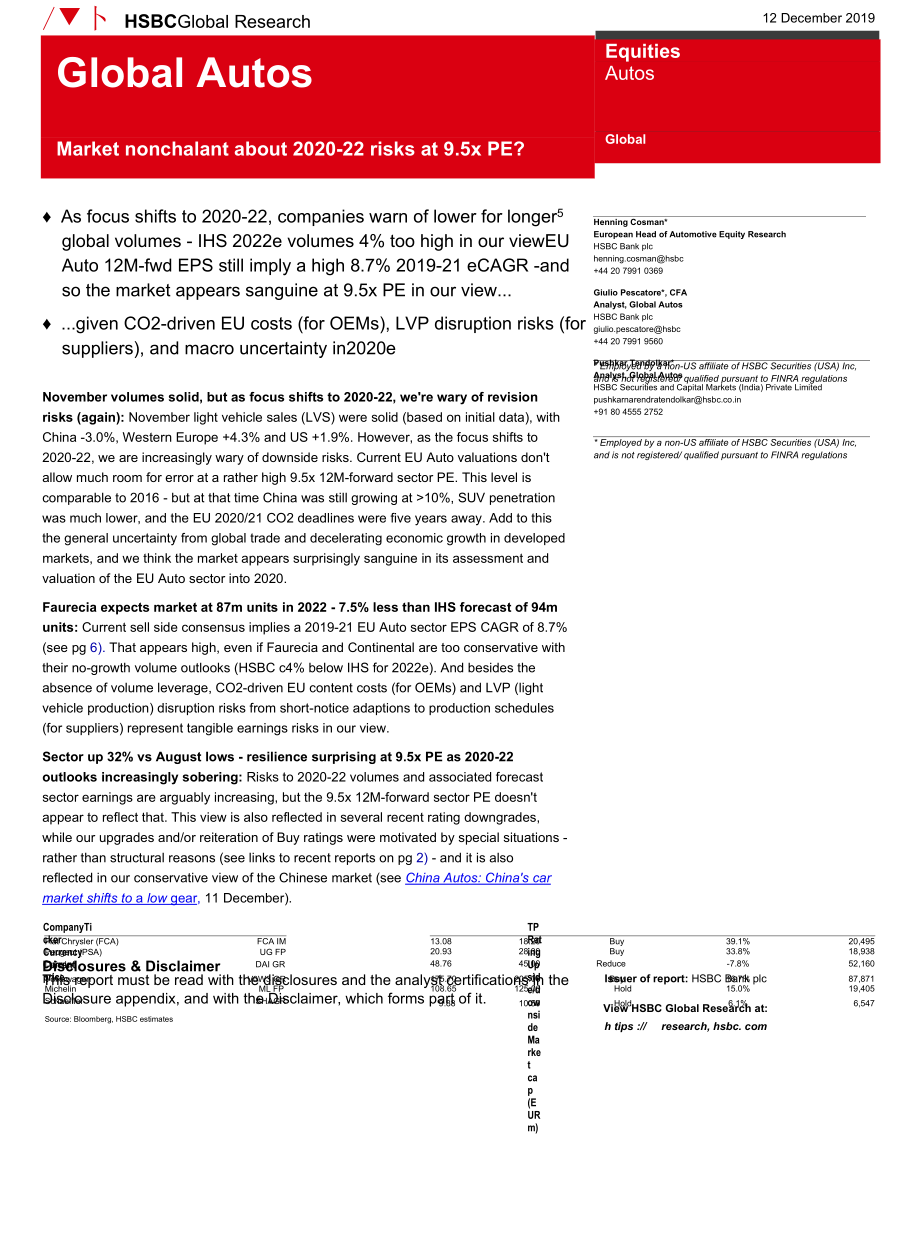 全球汽车业：市场对2020-22年的风险漠不关心市盈率为9.5倍.docx_第1页