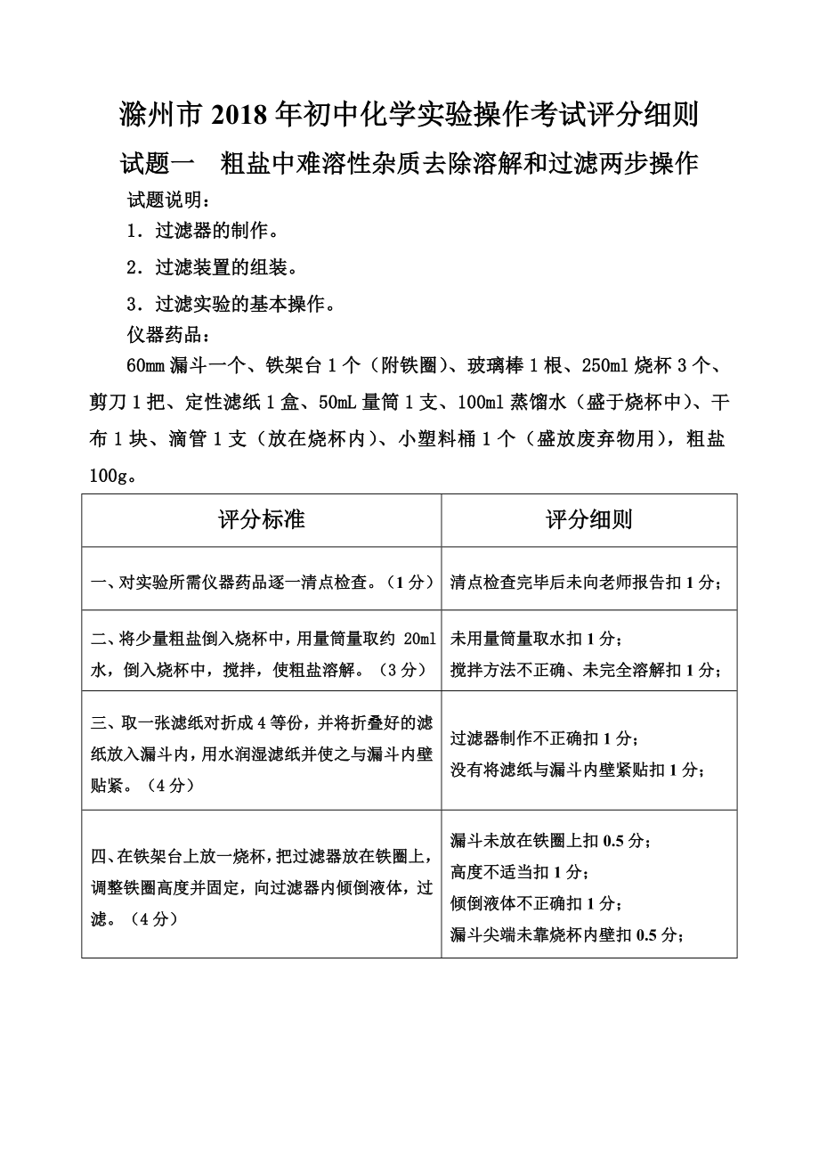 滁州市2018年初中化学实验操作考试评分细则.doc_第1页