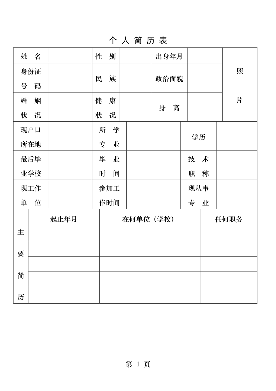 个人简历表格免费通用版.docx_第1页