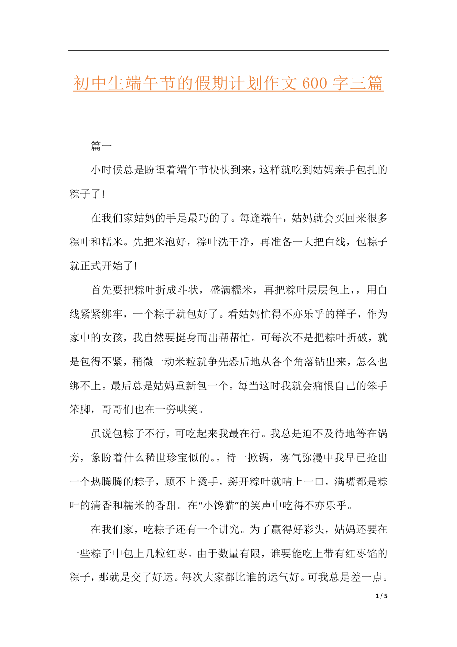 初中生端午节的假期计划作文600字三篇.docx_第1页