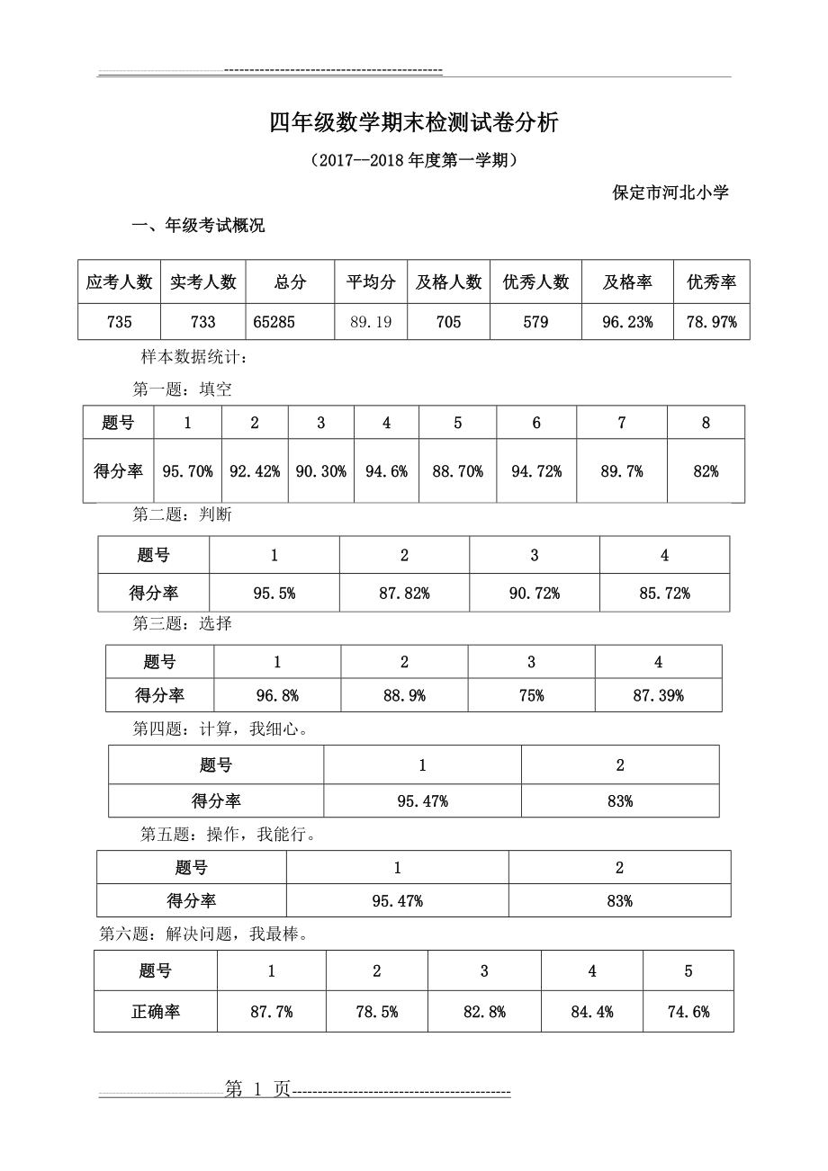 四年级数学上学期试卷分析(6页).doc_第1页