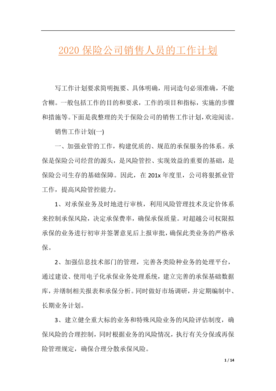 2020保险公司销售人员的工作计划.docx_第1页