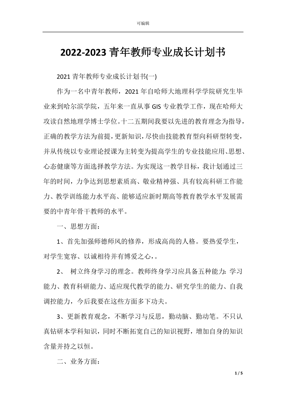 2022-2023青年教师专业成长计划书.docx_第1页