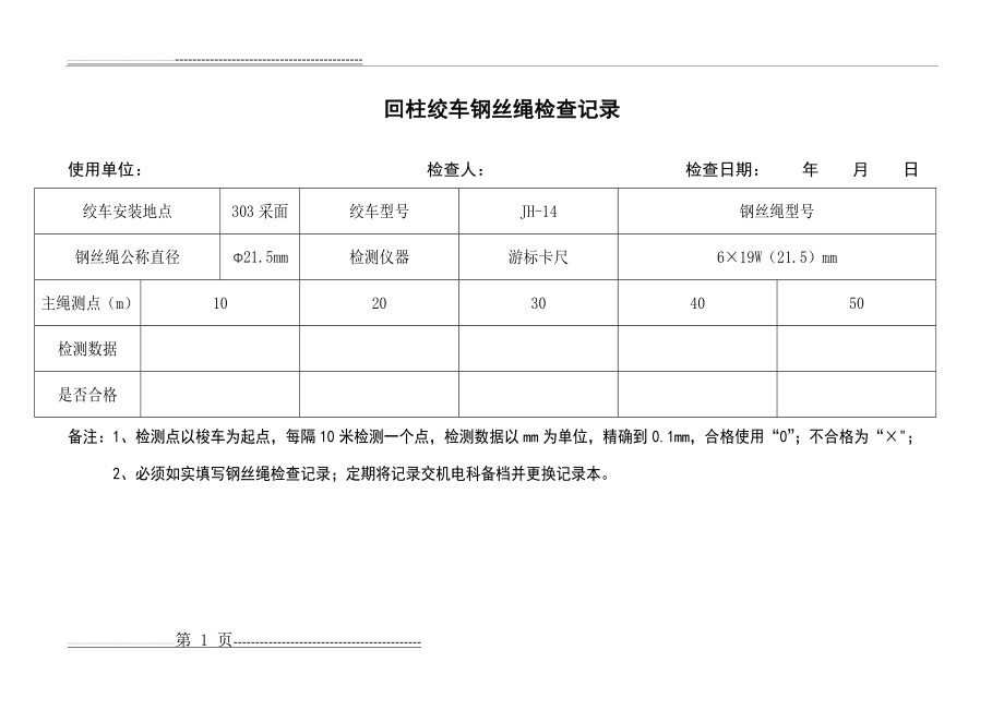 回柱绞车钢丝绳检查记录(1页).doc_第1页