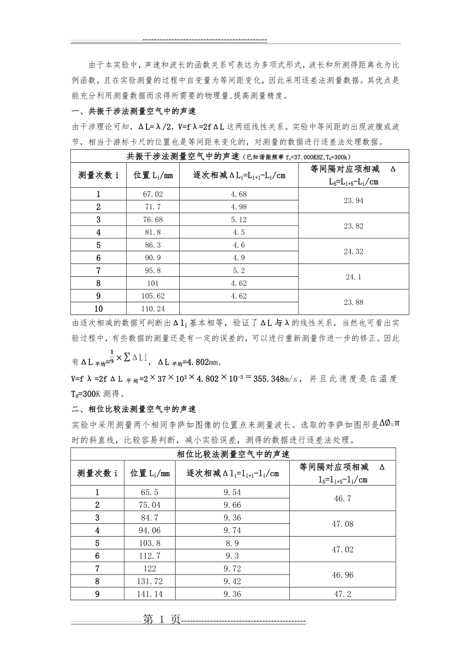 大学物理实验---声速的测定数据处理(3页).doc_第1页