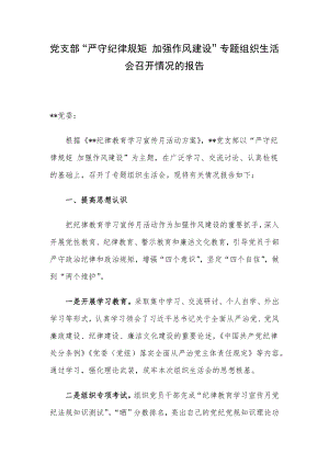 党支部“严守纪律规矩 加强作风建设”专题组织生活会召开情况的报告.docx