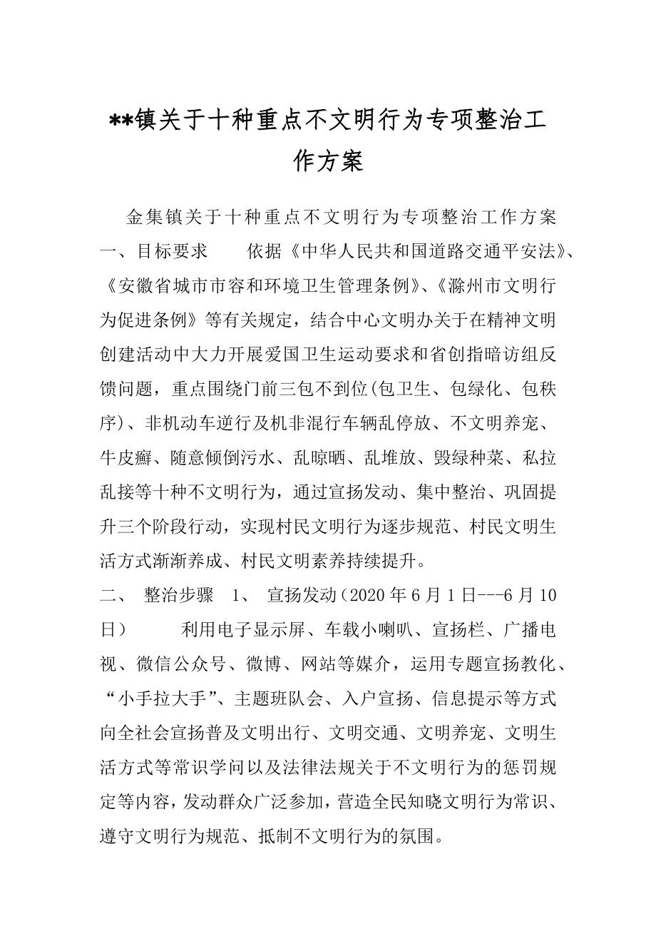 --镇关于十种重点不文明行为专项整治工作方案.docx_第1页