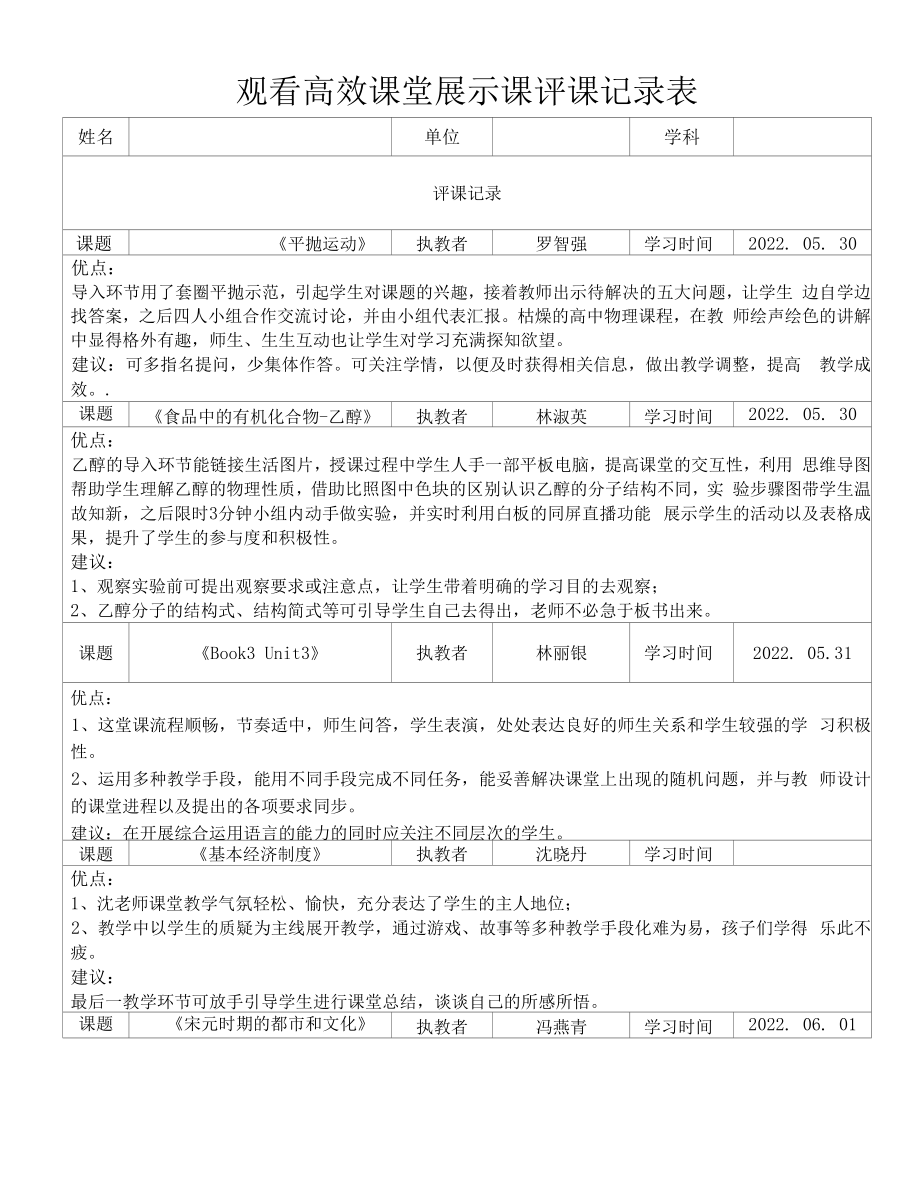 高效课堂展示课评课记录表1.docx_第1页