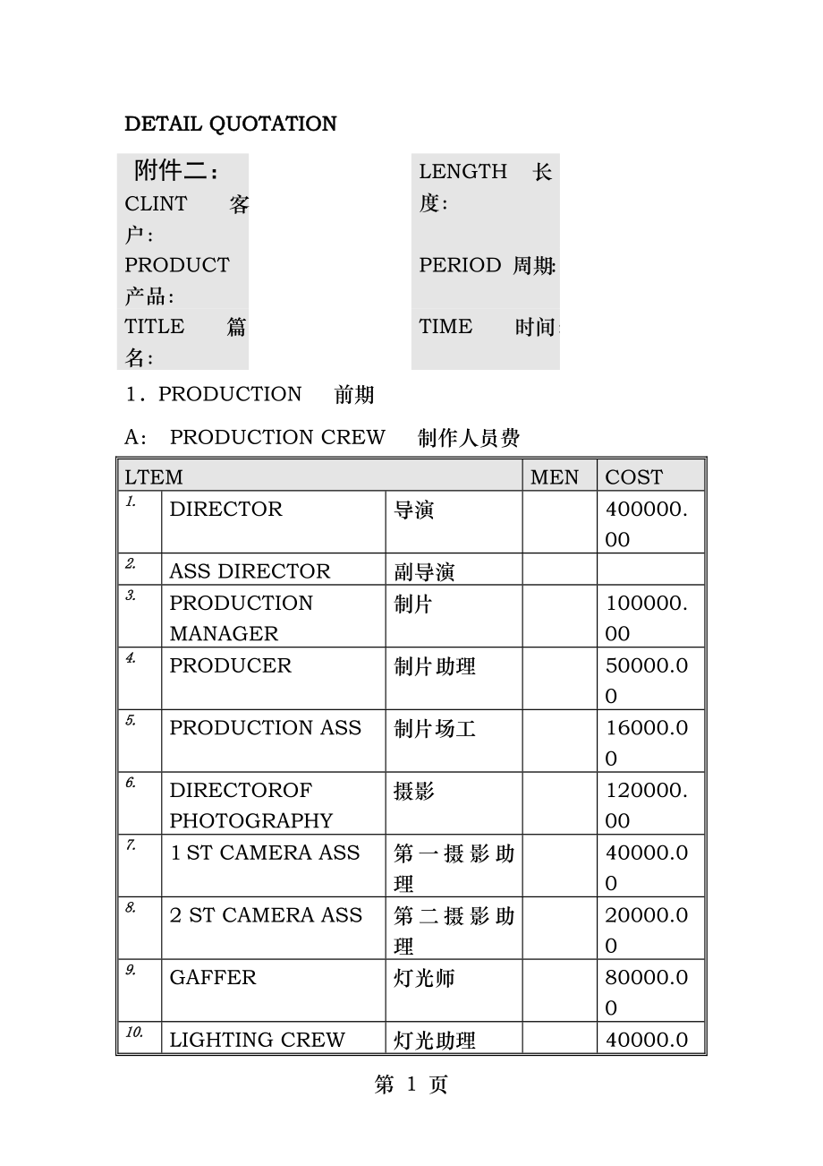 视频项目制作费用报价清单.docx_第1页