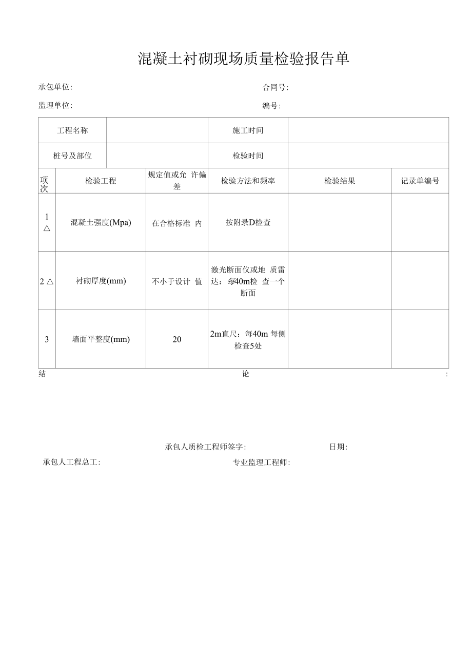 混凝土衬砌现场质量检验报告单.docx_第1页