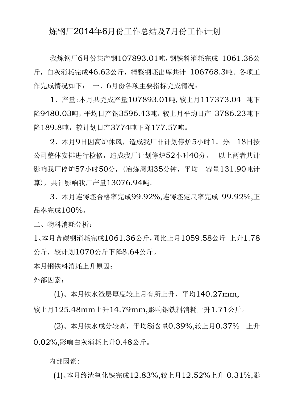 炼钢厂6月份工作总结及7月份工作计划.docx_第1页