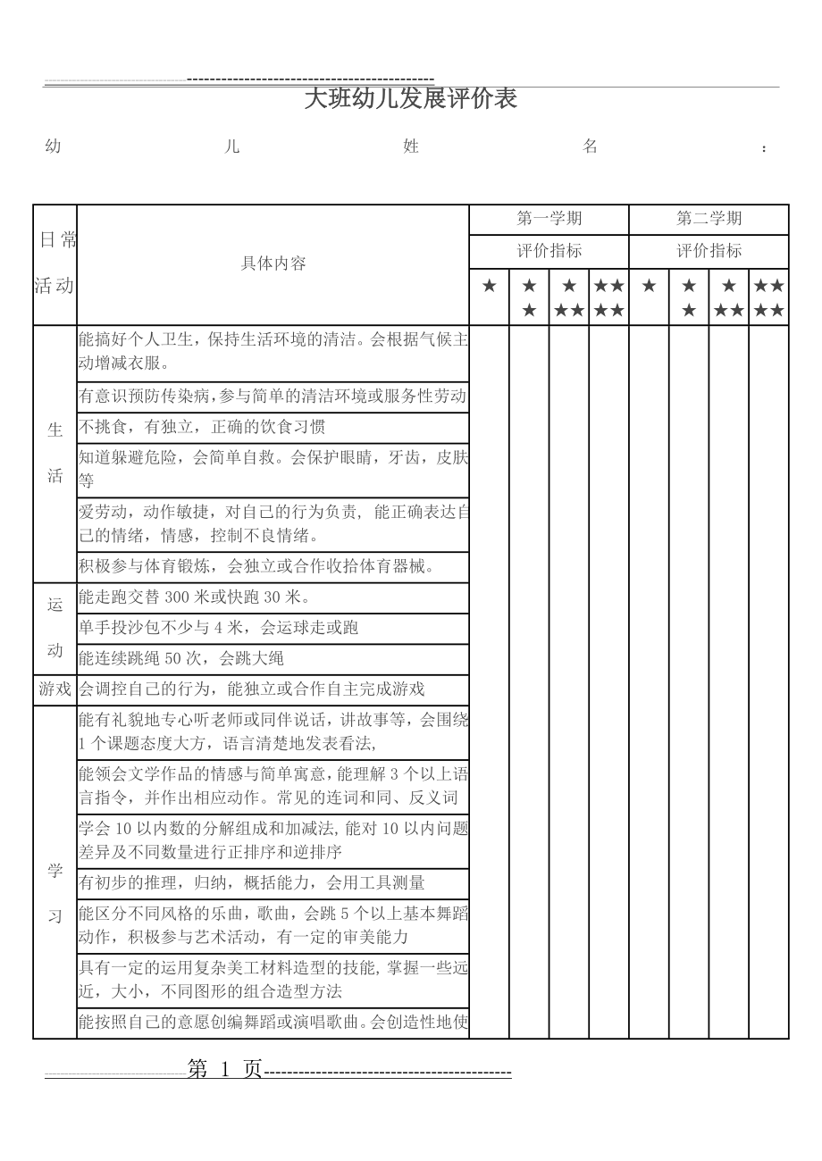 大班下学期幼儿发展评价表(2页).doc_第1页