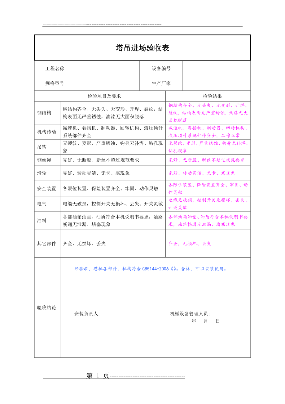 塔吊塔式起重机进场验收表(2页).doc_第1页