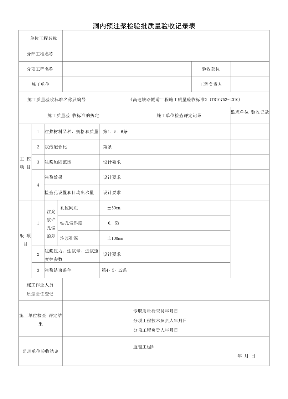 洞内预注浆检验批质量验收记录表.docx_第1页