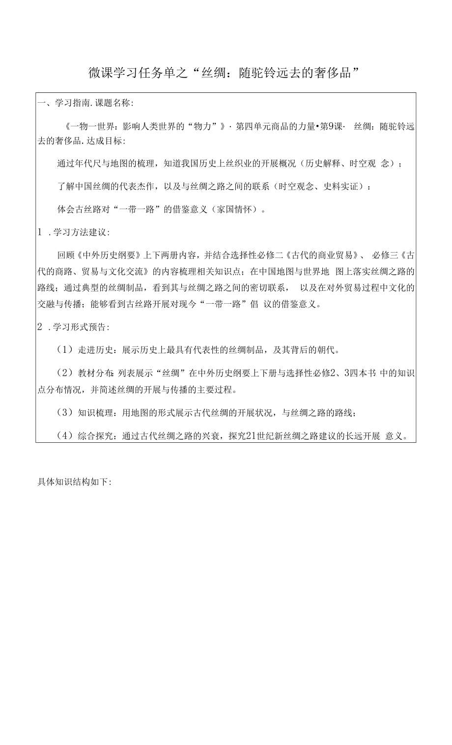 1 丝绸：随驼铃远去的奢侈品（微课学习任务单）.docx_第1页