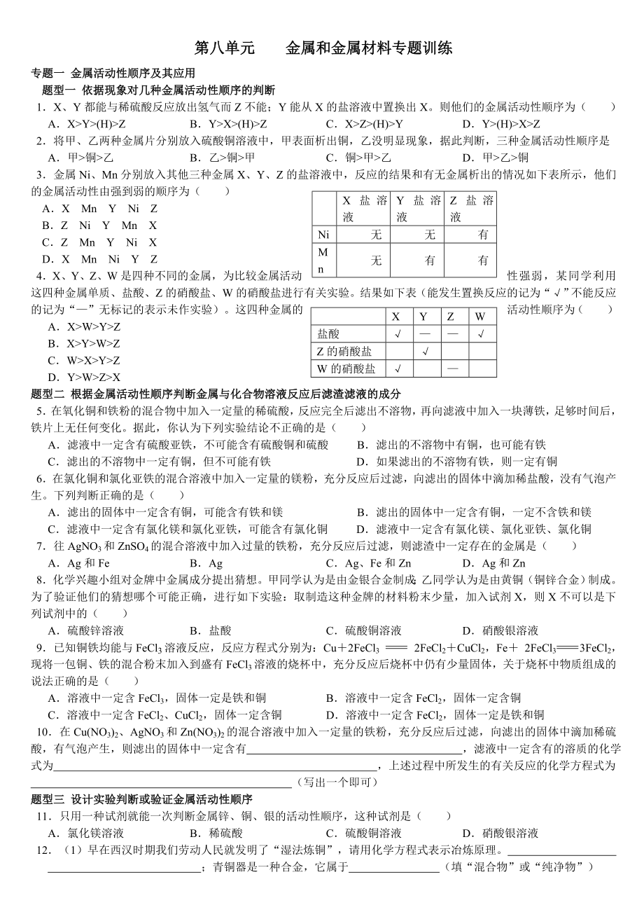 人教版初三化学第八单元金属和金属材料专题.doc_第1页