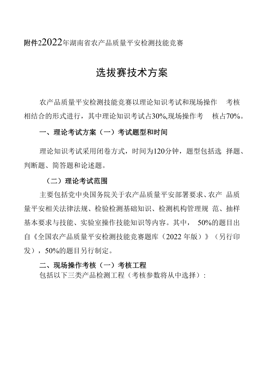 2022年湖南省农产品质量安全检测技能竞赛选拔赛技术方案.docx_第1页