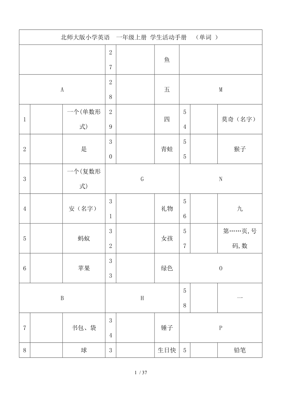 北师大版-小学一至六年级-全部英语单词填英文.doc_第1页