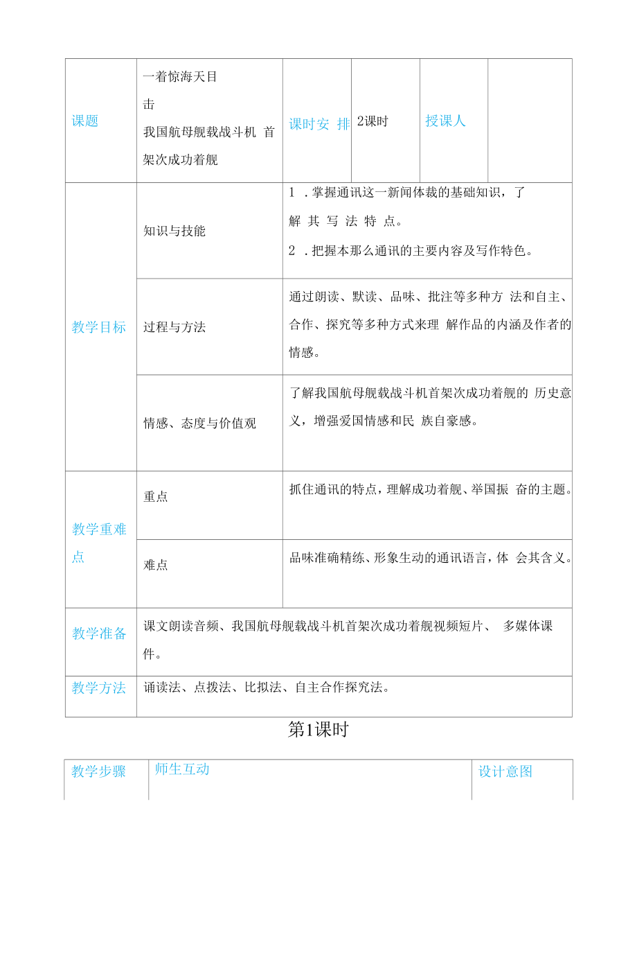 部编人教版八年级上册初中语文 第4课 一着惊海天——目击我国航母舰载战斗机首架次成功着舰 教案.docx_第2页