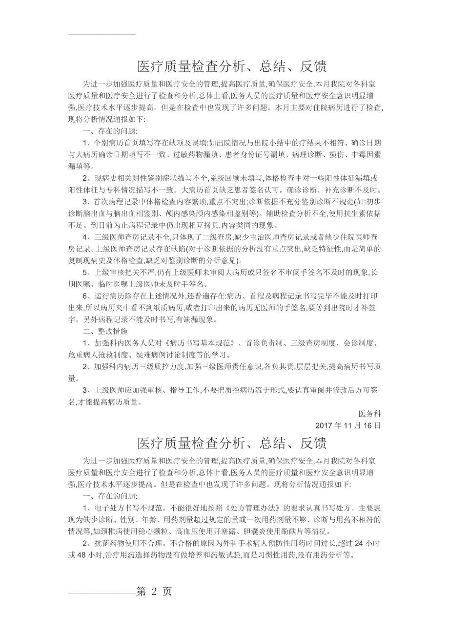 医疗质量检查分析、总结、反馈的工作记录(5页).doc_第2页