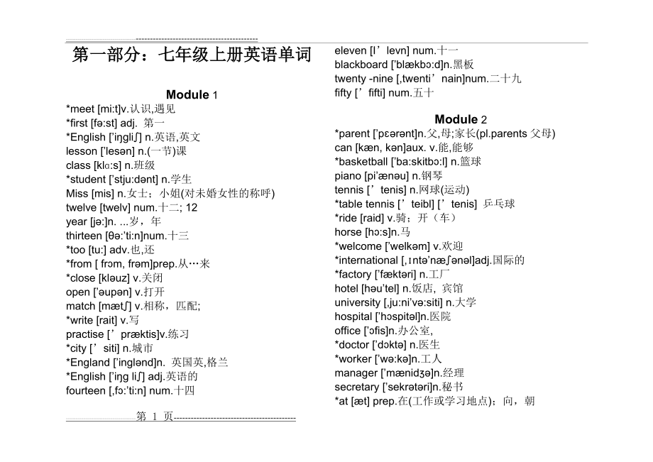 外研版七年级上册英语单词(带音标)(10页).doc_第1页