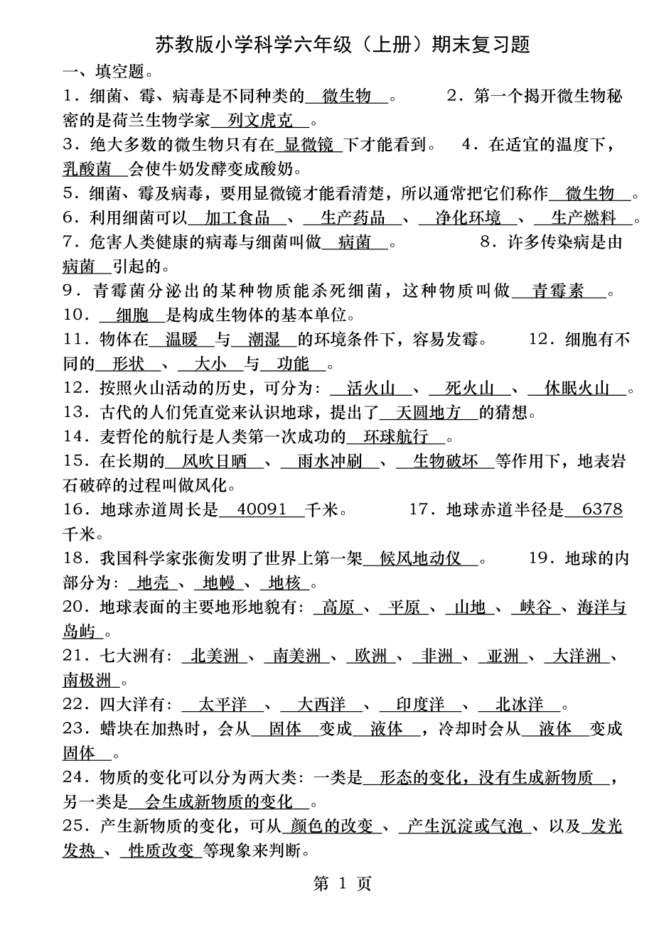 苏教版小学科学六年级上册期末复习.docx_第1页