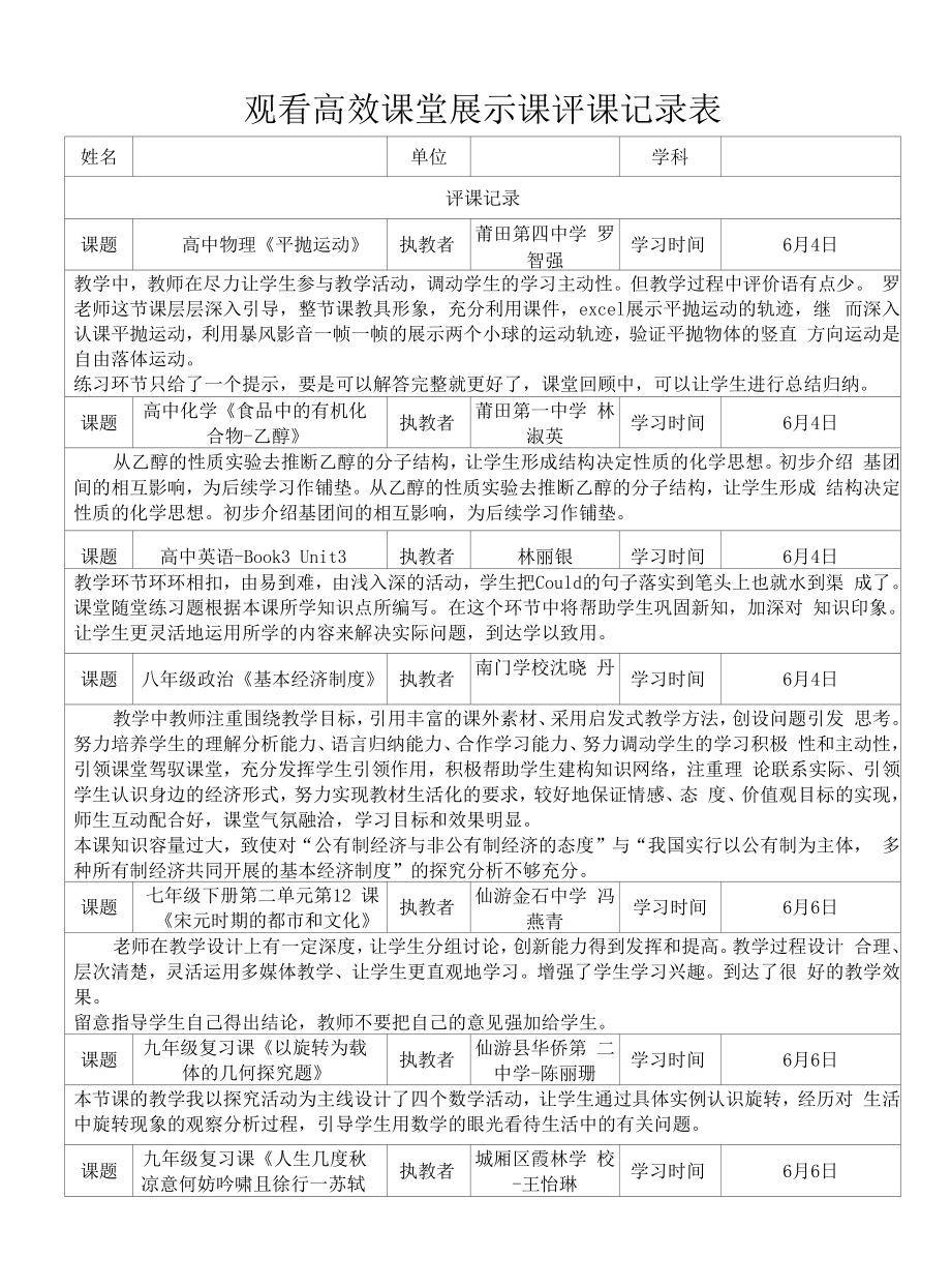 高效课堂展示课评课记录表10.docx_第1页