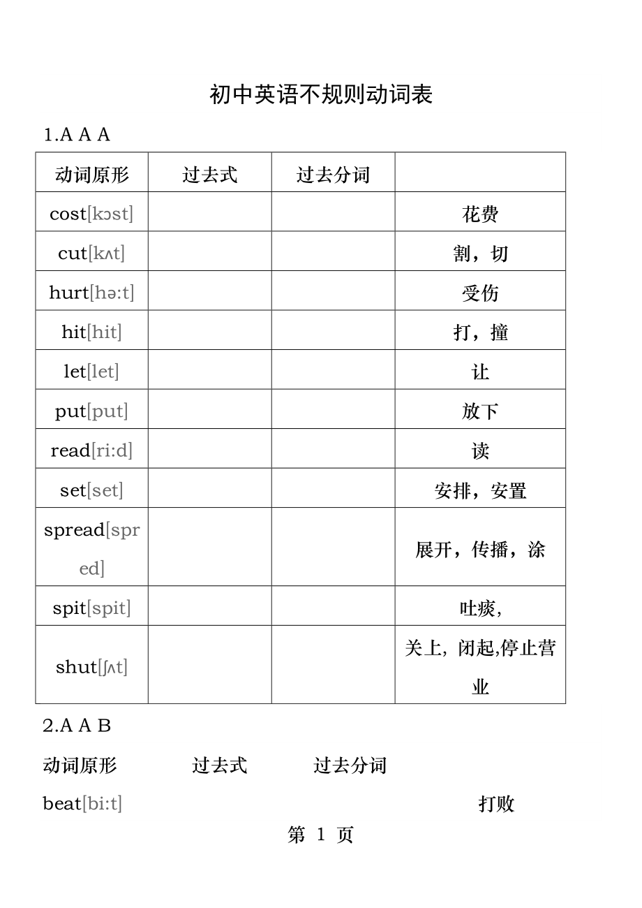 初中英语不规则动词表的完整板块学生默写版.docx_第1页