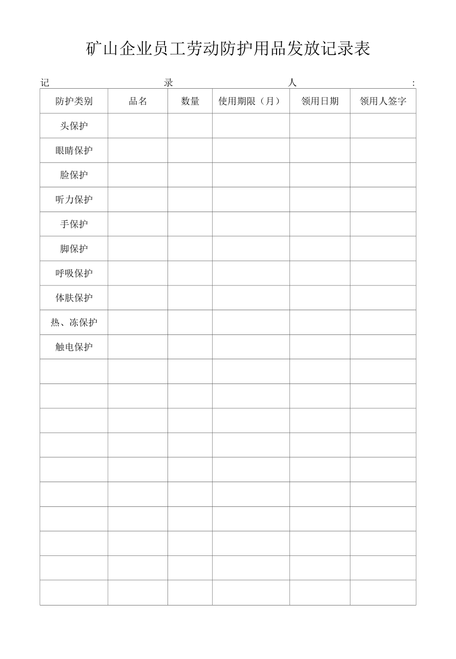 矿山企业员工劳动防护用品发放记录表.docx_第1页