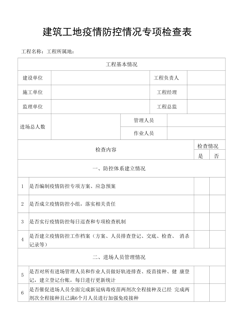 建筑工地疫情防控情况专项检查表.docx_第1页