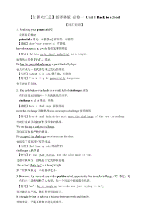 Unit 1 Back to school 词汇讲义--高中英语牛津译林版（2020）必修第一册.docx