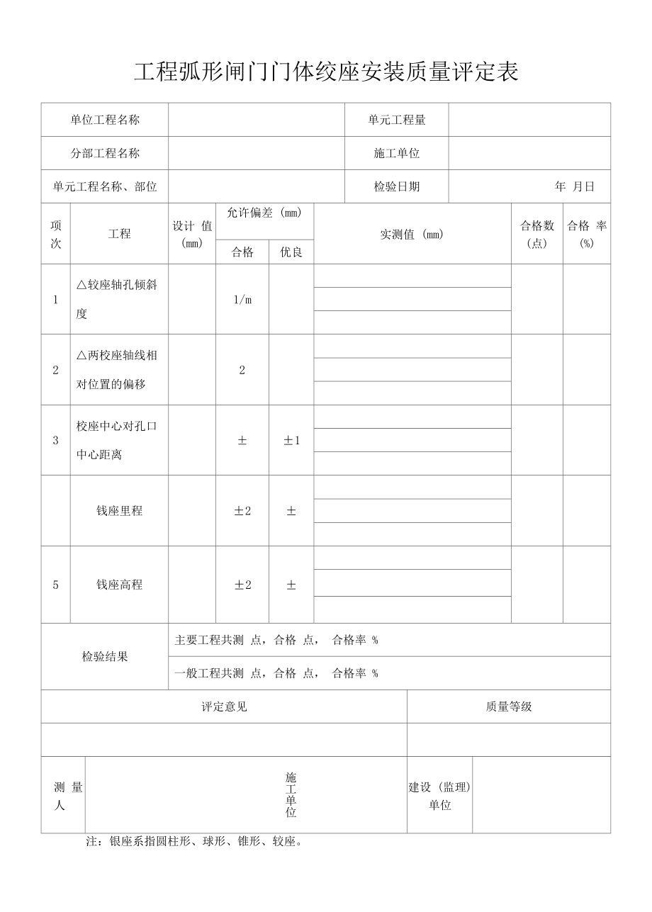 水利水电工程弧形闸门门体绞座安装质量评定表.docx_第1页