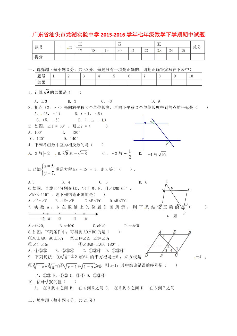 广东省汕头市龙湖实验中学2015-2016学年七年级数学下学期期中试题-新人教版.doc_第1页