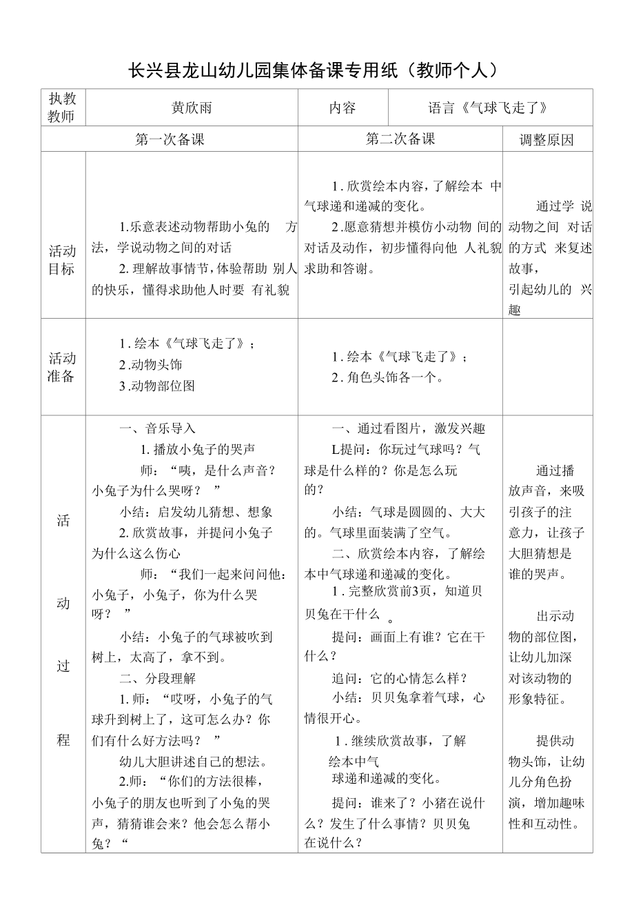 幼儿园：黄欣雨气球飞走了集体备课.docx_第1页