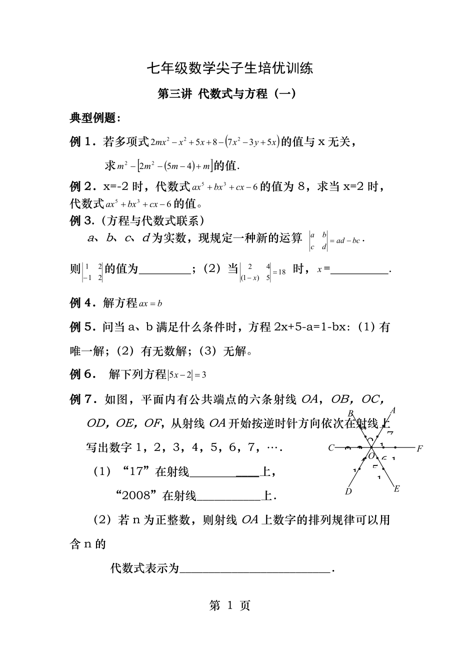 七年级数学尖子生培优训练第三讲代数式与方程一.docx_第1页