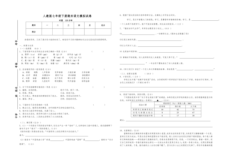 人教版七年级下册期末语文模拟试卷.doc_第1页