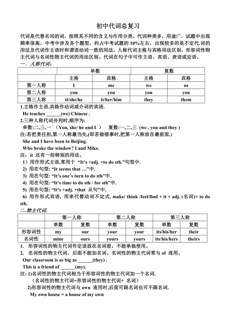 初三中考英语代词总复习.doc_第1页