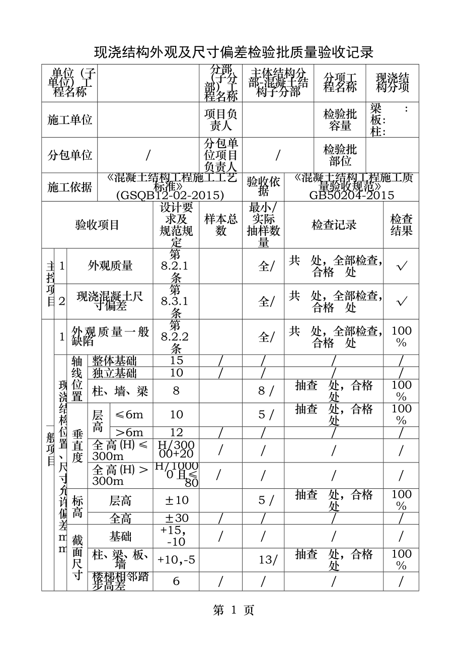 现浇结构外观及尺寸偏差检验批质量验收记录最新.docx_第1页