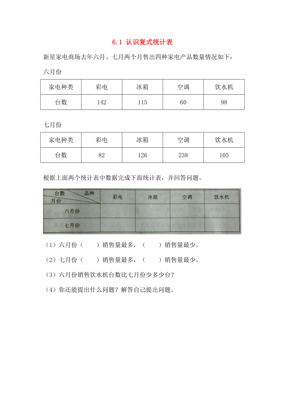 五年级数学上册61认识复式统计表同步练习苏教版.doc_第1页